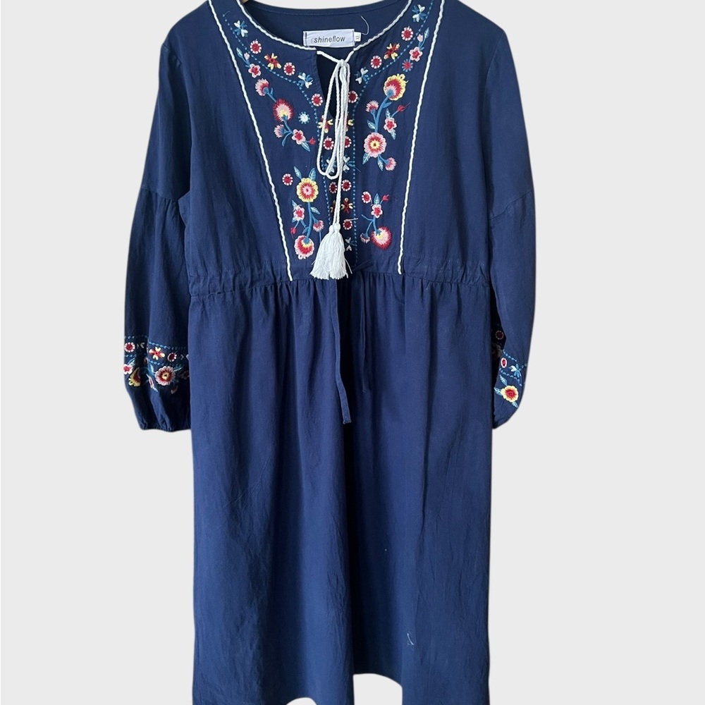 Shineflow Blue Dress with Embroidered front and Sleeves